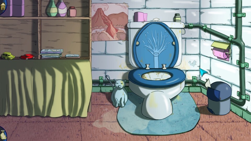 Most of these types of games don’t let you enter the player character’s bathroom. This one gives it a whole two screens, one just for this lovingly rendered toilet.