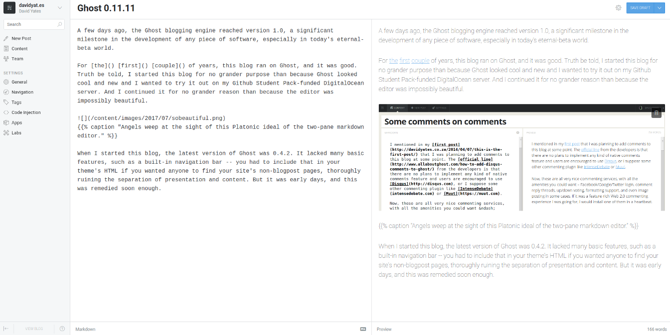 I spun up Ghost 0.11.11 to take this screenshot because I didn’t want to fight too much with Nodejs versions. Regardless, it looks much the same.