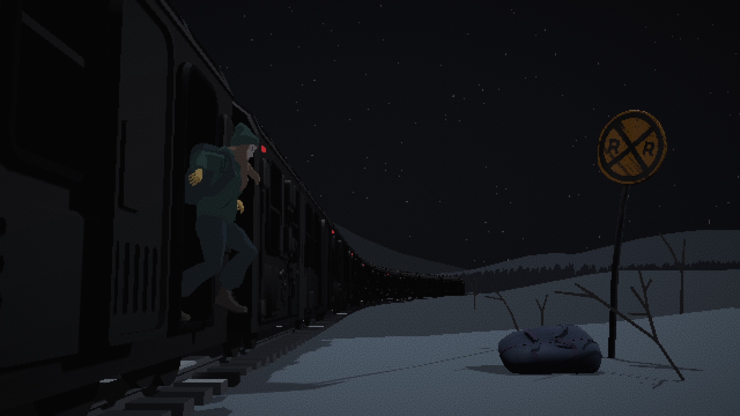 The train does at least stop before she jumps out.